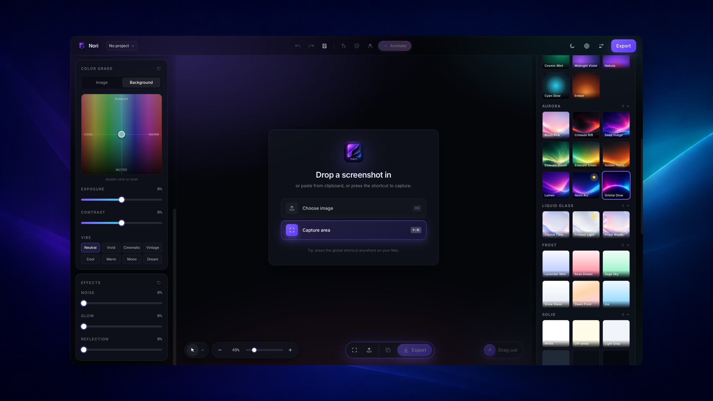 The Nori editor with a screenshot beautified on an aurora background
